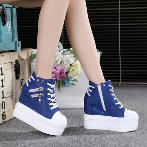 2021 Autumn Women Casual Shoes Denim Sneakers Ladies Classic Zipper Height Increasing Student Boots Zapatos De Mujer 12cm