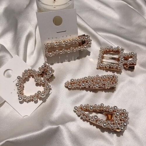 2019 New Trendy Full Simulated Pearl Beads Big Heart Circle Hair Clips For Women Geometric Rectangle Hollow Triangle Hairpins