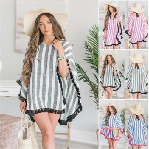 Women Ladies Bikini Cover Up V-neck Swimsuit Stripes Swimwear Beach Dresses AU