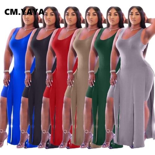 CM.YAYA Women Set Solid Sleeveless Split X-long Tops Sheath Elastic Shorts Matching Sets Two Piece Set Casual Outfits Summer