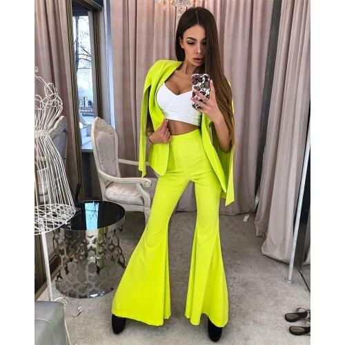 2 Pieces Women Suits Bright Yellow Fashion Bell-Bottomed Pan+Coat Sexy Split Sleeve Summer Formal Party Suits Customize