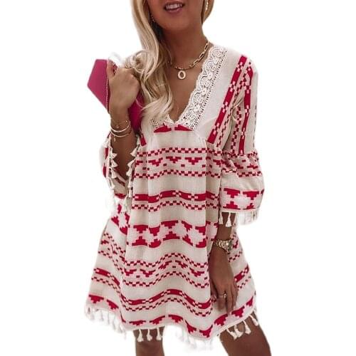 2021 Hot Selling Good Quality European And American Summer Hot Sale V-Neck Geometric Print Flared Sleeve Lace Dress