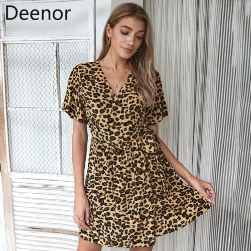 Deenor Women Leopard Print Summer Dress Vintage V-Neck Short Sleeve Female Bow Office Lady Work Holiday Boho Beach Midi Dress