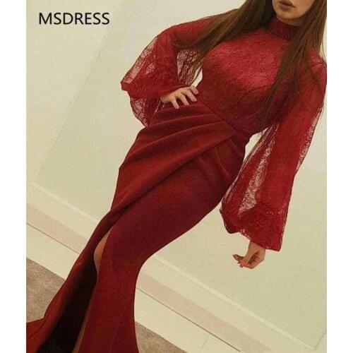 Sexy Prom Gowns Lace Bodice Front Slit robe de soiree Mermaid Burgundy Formal Dress 2019 Long Sleeve Evening Dress