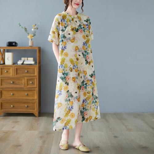 2021 New Arrival Soft Cotton Linen Loose Women Casual Summer Dress Print Floral Beading Chinese Style Vintage Dress cheongsam
