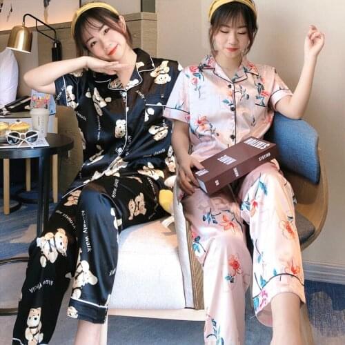 2020 Autumn Silk Satin Short Sleeve Long Pants Pajama Sets Women Print Sleepwear Suit Pyjamas Homewear Pijama Mujer Home Clothes
