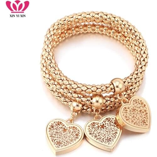 3Pcs Gold Hollow Flower Heart Charms Bracelets Inside Rhinestone Elastic Popcorn Chain Fashion Bracelet For Women Jewelry Gifts