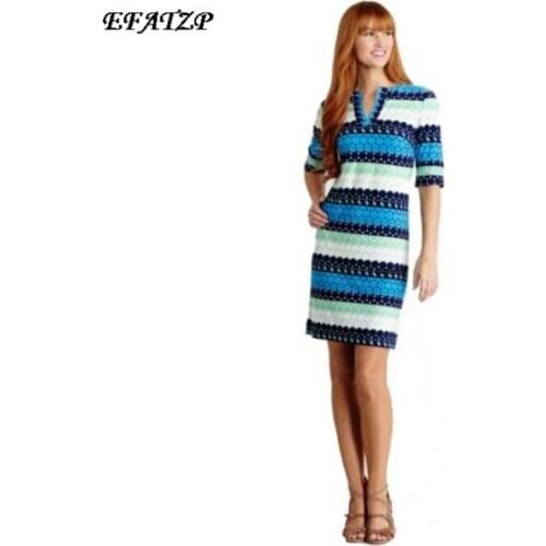 [EFATZP] New Designer Brand Dress Womens Blue Strip Geometric Print Stretch Jersey Silk Casual Plus Size XXL Dress