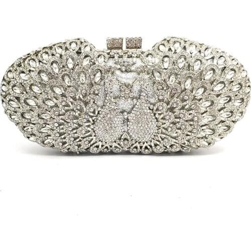 Elegant women evening party good quality handbag diamonds luxury clutches peacock crystal purses Bridal wedding party purses
