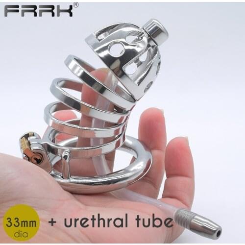 FRRK Steel Chastity Cage with Urethral Plug Metal Stimulator Penis Ring BDSM Adults Sex Toys for Men Intimate Exotic Accessories