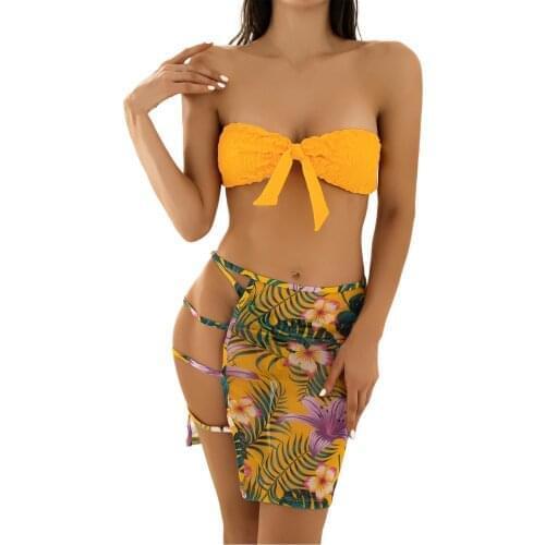 3 Piece Bikini Set for Women Swimsuit Floral Print Push Up Bikini Tube Top High Waisted Bottoms Sarong Swimsuit Cover Ups