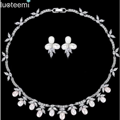 LUOTEEMI New Luxury Freshwater Pearl Collar Choker Necklace Wedding Jewelry Sets Accessories Invisible Setting CZ For Valentin