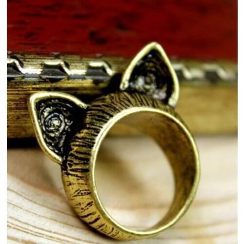 Fashion Retro Vintage Cute Lovely Cat Ears Tail Finger Ring Men Women Antique Alloy Punk Jewelry Accessories for Girl Kids Gift