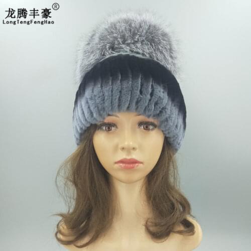 Winter Fur Hat For Women Real Rex Rabbit Hat With Fox Fur Pom Poms Madam Beanie Hat Hand Knitted Knitted Fur Earcap Lady