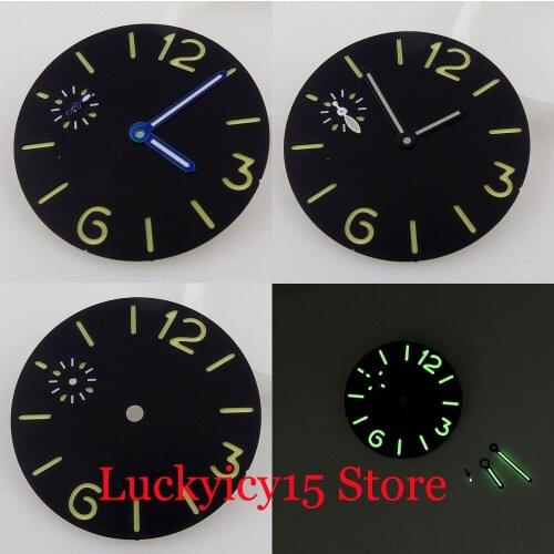Steille Black 35.6MM Watch Dial Green Luminous Hand Set fit ETA 6497 Hand Winding Movement