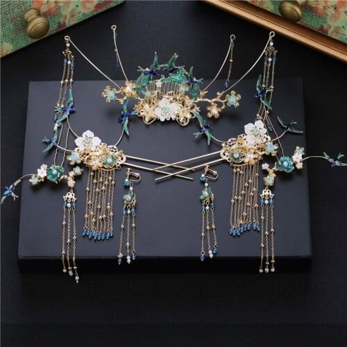 Bride Chinese tiara Retro Style Blue birds tassels Dragon and Phoenix Wear wedding hair jewelry