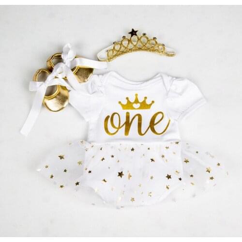Baby Girls Cotton Rromper Ruffle TUTU Dress Baby Clothing Vestidos Golden Crown One Girl Dress Shoes Crown Headband