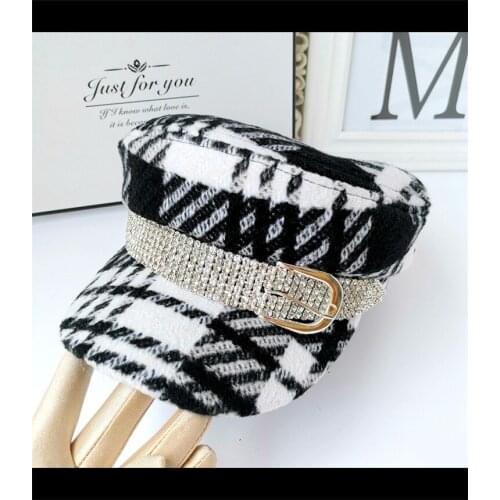 202020-shi autumn spring Shiny diamond Coarse ribbon leisure classic plaid lady Octagonal hat women visors cap