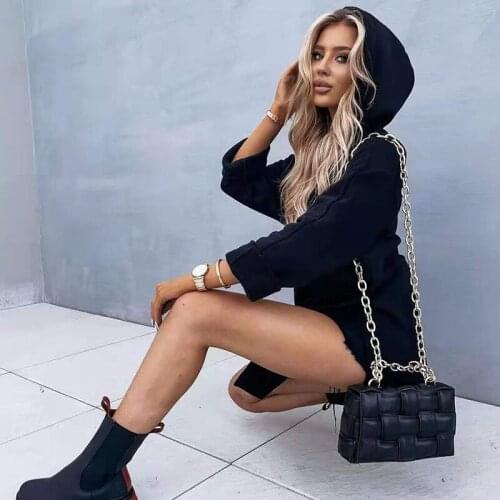 Autumn Fashion Drawcord Split Solid Dress Lady Casual Hooded Sports Dresses Long Sleeve Pocket Loose Sweatshirt Dress Streetwear