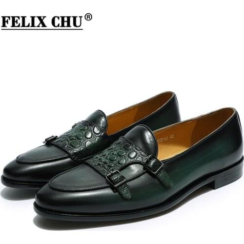 FELIX CHU Luxurious Mens Double Monk Strap Loafers Genuine Leather Brown Green Mens Casual Dress Shoes Slip On Wedding Men Shoe