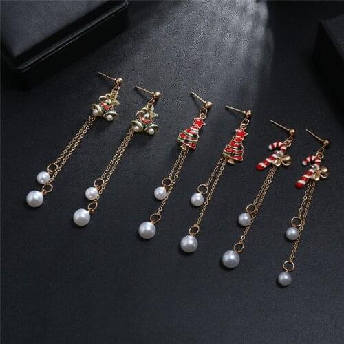 Christmas Long Cane Metal Fringe Pearl Pendant Earrings Red Christmas Tree Bells Earrings Female Charm Trendy Jewelry Gifts