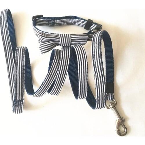 Blue Nylon striped Puppy Pet Dog Collar and Leash with Bow Tie soft Puppies Collar Leads set for Christmas