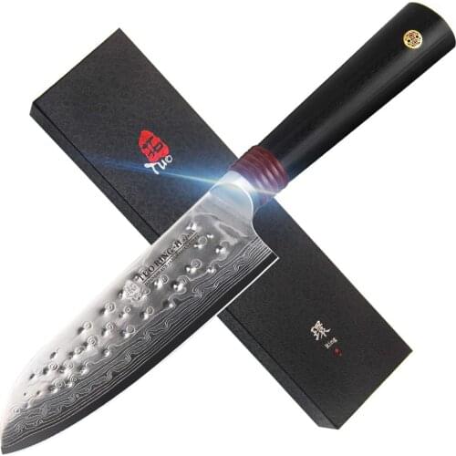 TUO Cutlery Santoku Knife,Japanese Damascus AUS-10 HC Steel Kitchen Chefs Knfe,Hammered Finish,Ergonomic G10 Handle - 5.5