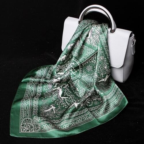 Women Fashion Green Scarf 100% Silk Small Bandana Kerchief Aztec Ethnic Tribal Style Floral Print Square Headband Tied 53x53cm