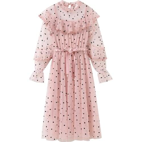 PERHAPS U Woman Polka Dot Mesh Two-piece Pink Apricot Stand Collar Long Sleeve Sash Pearl Beading Knee Length Dress D2579