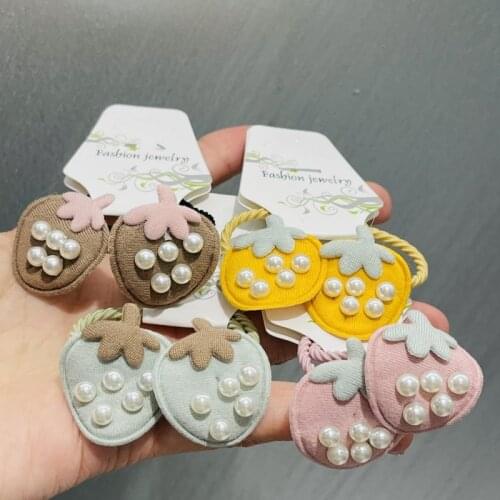 2Pcs Childrens Pearl Strawberry Headband Headwear Hair Korean Version Cartoon Girls Rubber Band Sweet Cute Hair Accessories