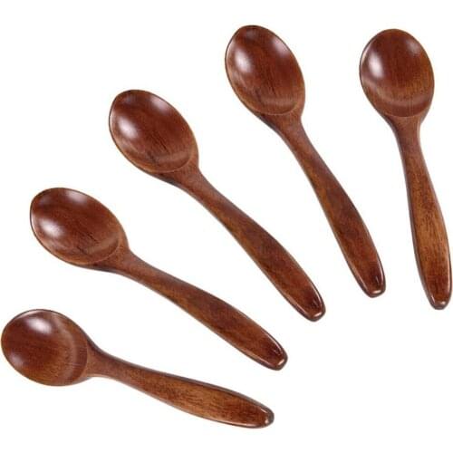 5pcs Long Handle Wooden Spoon Soup Spoons for Eating Mixing Stirring Cooking Kitchen Teaspoon Tableware Table Decor Supplies
