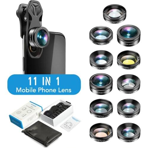 APEXEL 11in1 Phone Camera Lens Kit Fisheye Wide Angle Full/grad Filter CPL ND Macro Mobile Lenses For iPhone Samsung Redmi phone