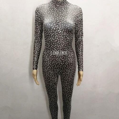 Sparkly Rhinestones Elastic Spandex Jumpsuit Fashion Nightclub Singer Stage Outfit Female Bar Party Show Performance Costumes