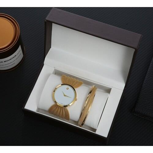 2Pcs Net Strap Watches for Women Luxury Bracelet Bright Diamond Butterfly Lady Quartz WristWatch with Gift Box New Design