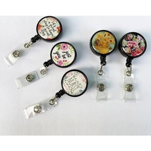 Flower Pattern Retractable Badge Reel for Doctor Nurse ID Work Card Badge Holder Anti-Lost Clip Key Ring Cellphone Hanging Rope
