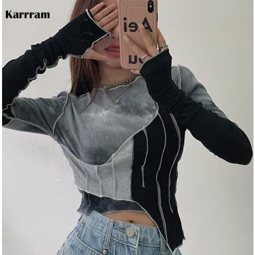 Karrram Tie-dye Color Matching Irregular T-shirt Women Sexy Slim Crop Top Chic Design Korean Style Long Sleeve T-shirt Autumn