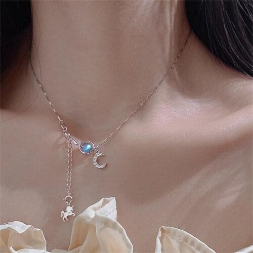 Choker Necklaces For Women 925 Silver Moonstone Rond Bead Unicorn Moon Pendants Statement Jewelry dz827