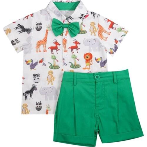 Kids Baby Boys Summer Clothes Sets Animal Print Short Sleeve Bow Tie Gentleman Shirt Top + Shorts Suit 2pcs Clothing