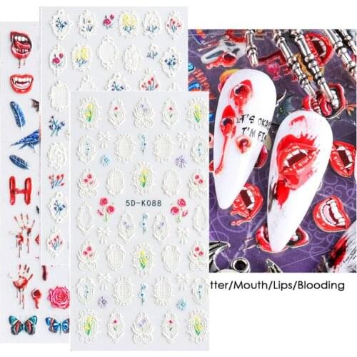 Halloween 5D Engraved Nail Sticker Red Bloody Bloody Lips Palms Polish Sliders DIY Lasting Manicure Decals for Female