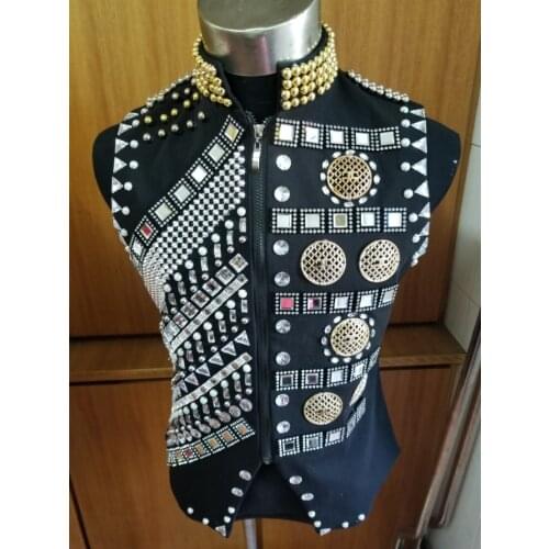 New Fashion Rivets Rhinestone Beads Jacket Mens Royal style Crystal Vest Nightclub Male DJ singer dancer stage ds costume