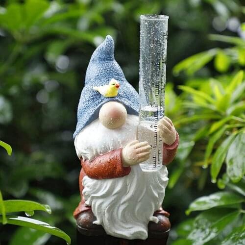 Resin Gnome Rain Gauge Head Bird Hand Painted Statue Sculpture Garden Decoration