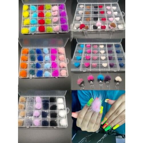 24pcs / Box Detachable Magnet Nail Pom Pom Nail Art Fluffy Nail Charms Puffy Pom Fashion Jewelry Manicure Nails DIY Accessories