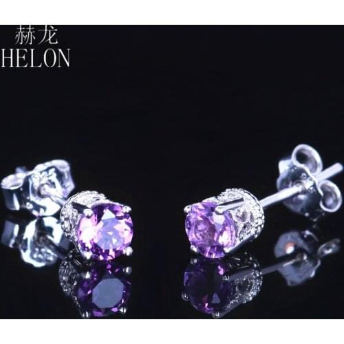 HELON Sterling Silver 925 Round 4mm 100% Genuine Natural Amethyst Engagement Vintage Women Party Unique Jewelry Stud Earrings