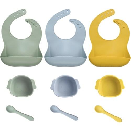 BPA Free Silicone Waterproof Baby Bibs Childrens Dishes Cartoon Food Tray Training Feeding Bowls Spoon Newborn Accessories