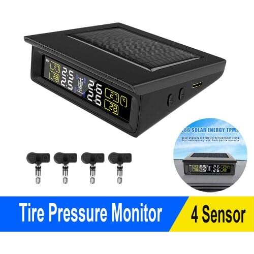 Solar TPMS Tyre Pressure Monitoring System LCD Display Replaceable Battery PSI/BAR Mode with 4 Internal/External Sensor