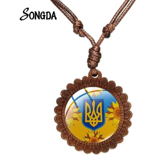 Ukrainian National Flag Statement Necklace Blue Yellow Tryzub Ukraine Glass Art Picture Wooden Pendant Necklace Vintage Jewelry