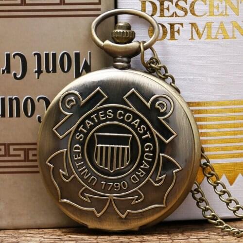 Vintage 1790 United States Coast Guard Theme Bronze Quartz Pendant Fob Pocket Watch With Necklace Chain Gift For Men Women