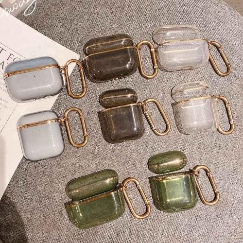Plating Frame Bluetooth Earphone Charging Box Protective Cover For Apple AirPods 1 2 Pro TPU Transparent Soft Cases with Hook