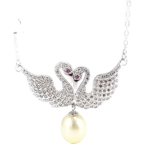 MADALENA SARARA S925 Sterling Silver Chain Women Necklace Cubic Zirconia Double Bird Style Pearl Pendant Necklace