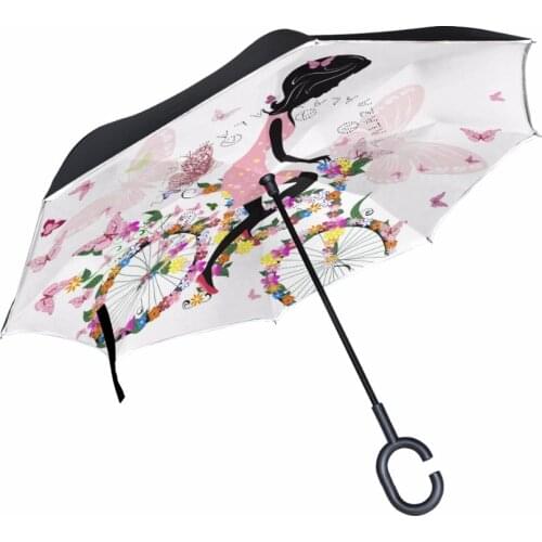 Girl On A Bicycle With A Romantic Butterflies Double Layer Car Reverse Umbrella Women Umbrellas Reverse Windproof Umbrellas